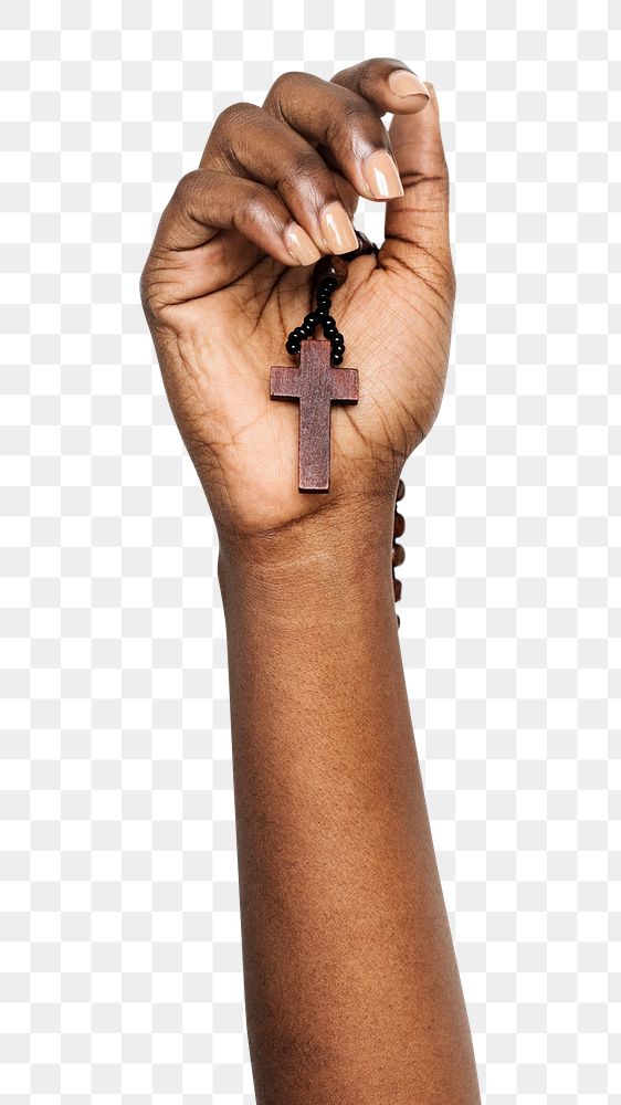 Rosary png in black hand sticker on transparent background