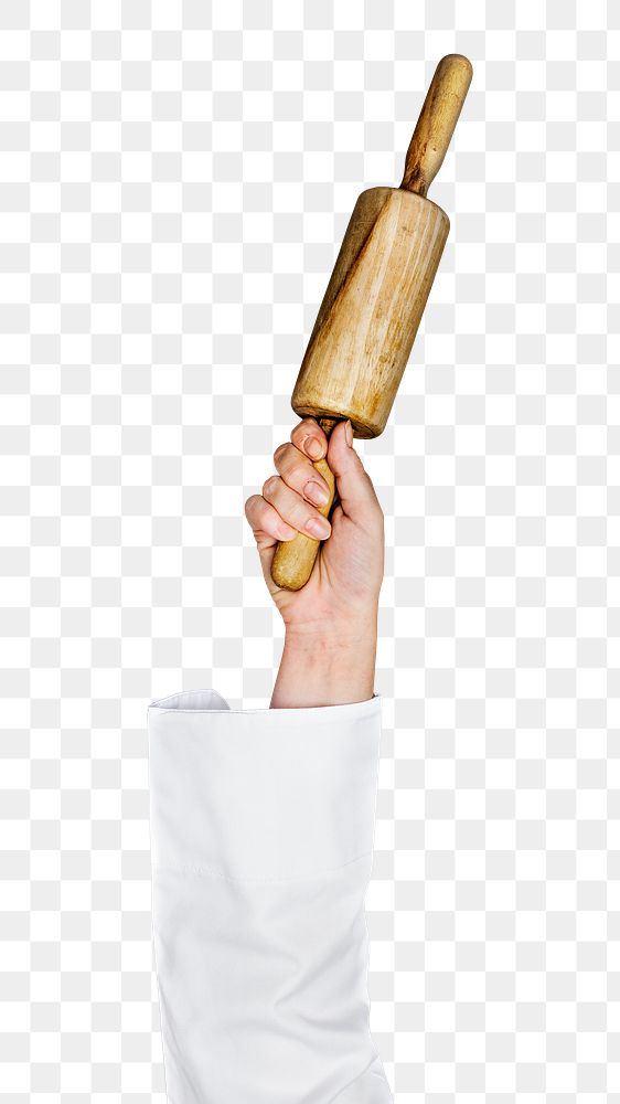 Png wood rolling pin in hand sticker on transparent background