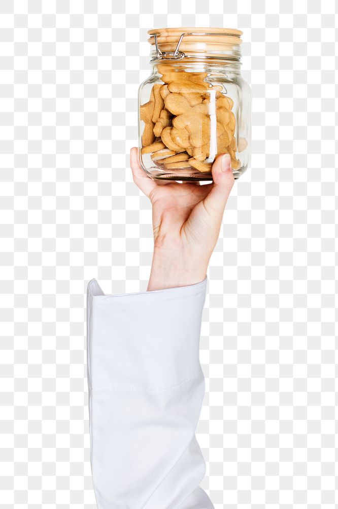 Png cookies in jar in hand sticker on transparent background