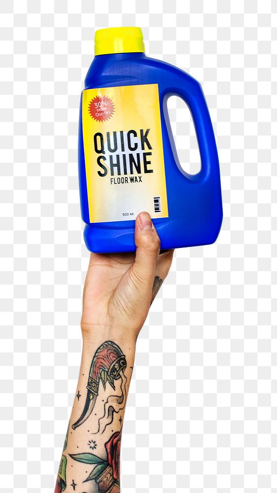 Cleaning product png in tattooed hand sticker on transparent background
