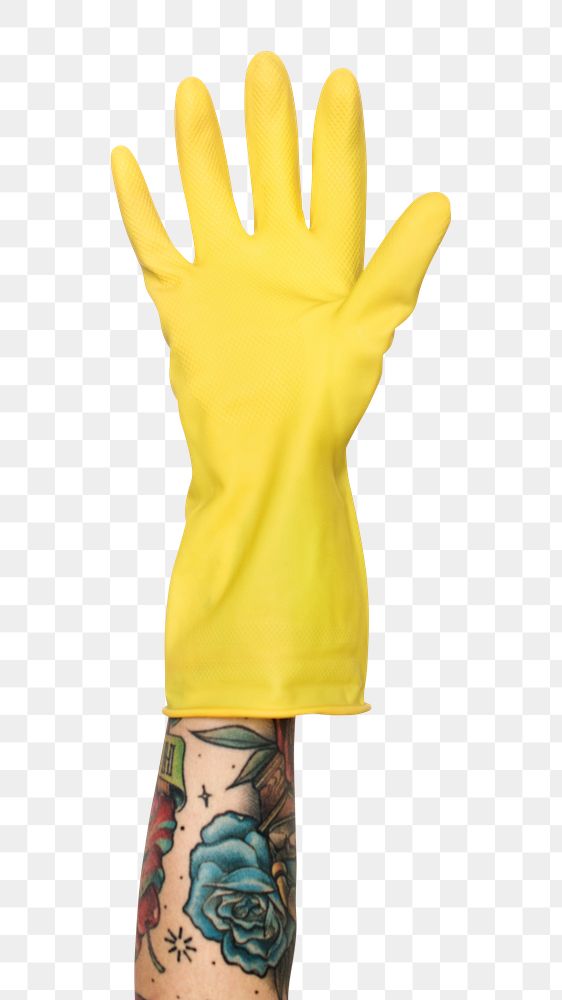 Rubber glove png in tattooed hand sticker on transparent background