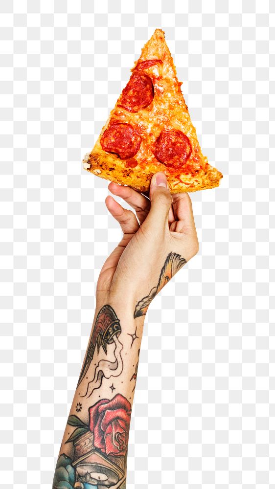 Pizza slice png in tattooed hand sticker on transparent background