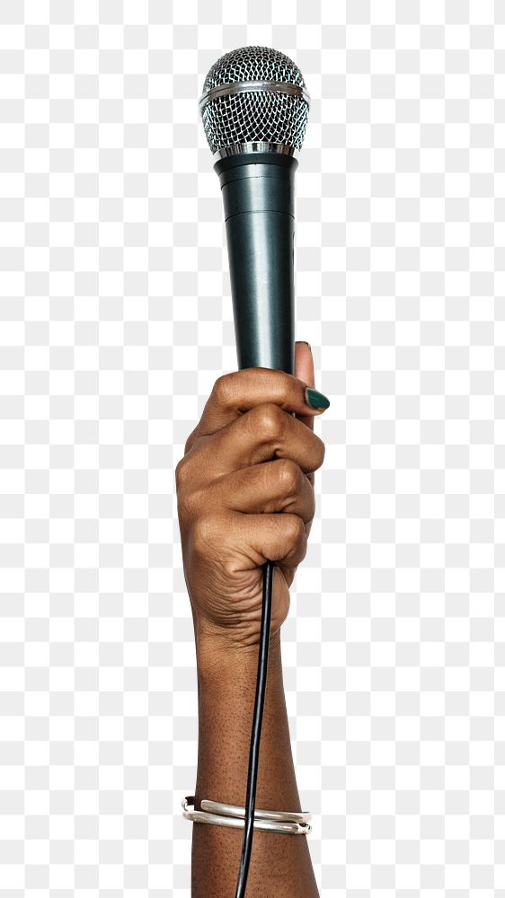 Microphone png in hand sticker on transparent background