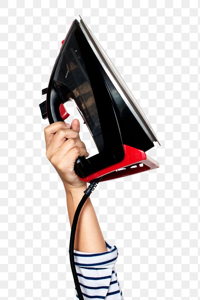 Steam iron png in hand sticker on transparent background
