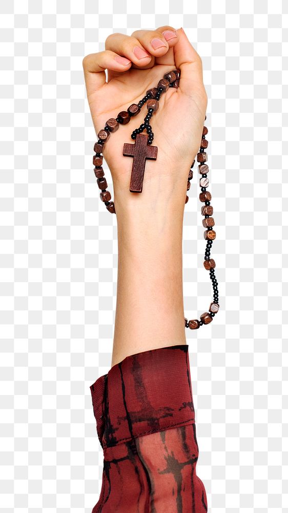 Rosary png in hand sticker on transparent background