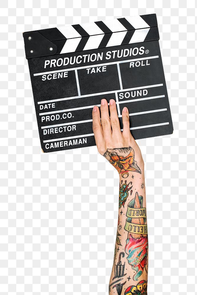 Clapperboard png in tattooed hand sticker on transparent background