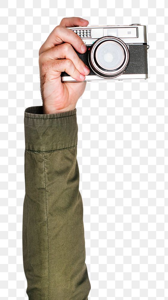 Camera png in hand sticker on transparent background