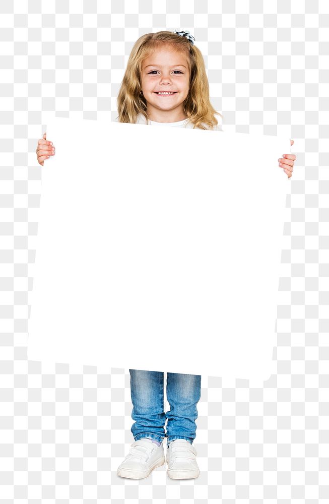 Happy girl holding an empty square board transparent png