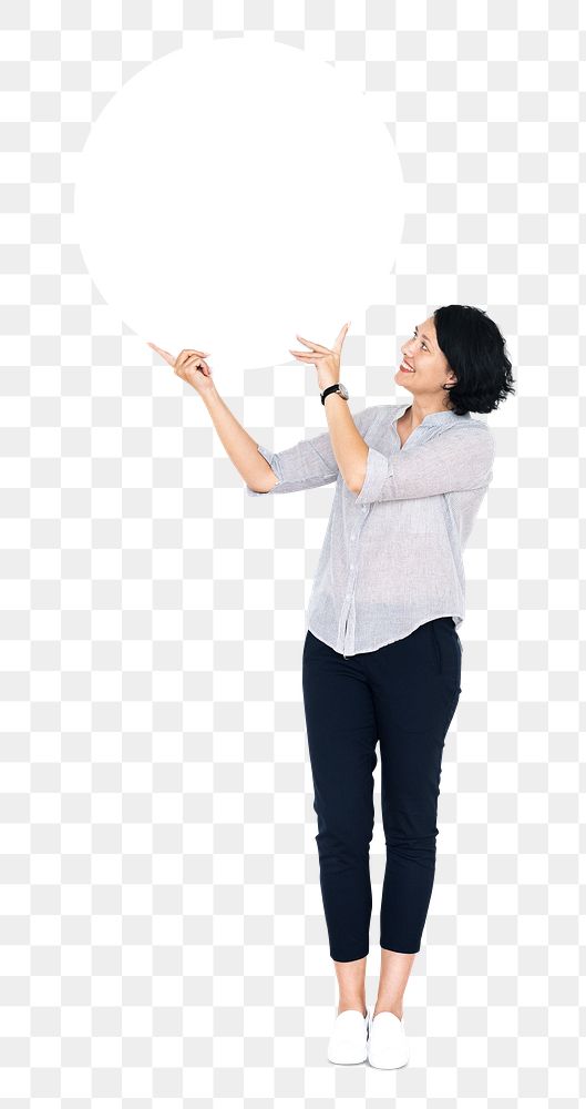 Woman presenting a round board transparent png