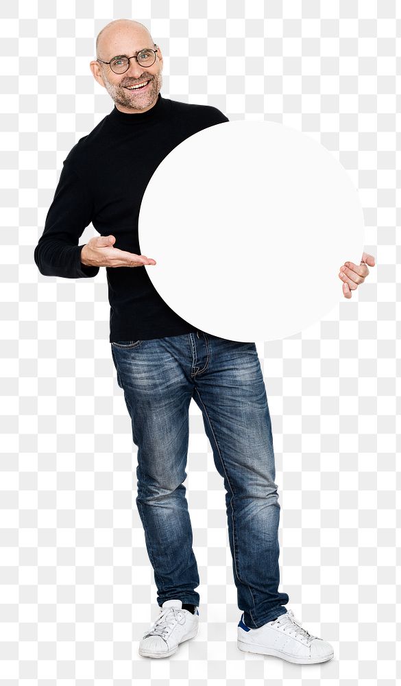 Happy man holding round board  transparent png