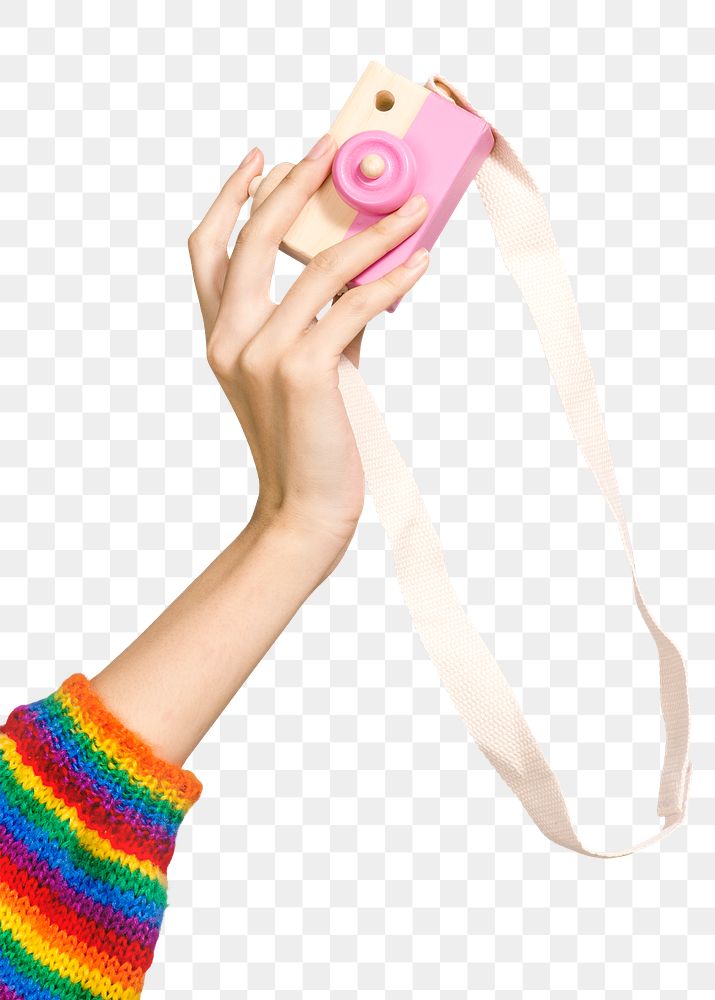 Woman with a pink wooden camera toy mockup