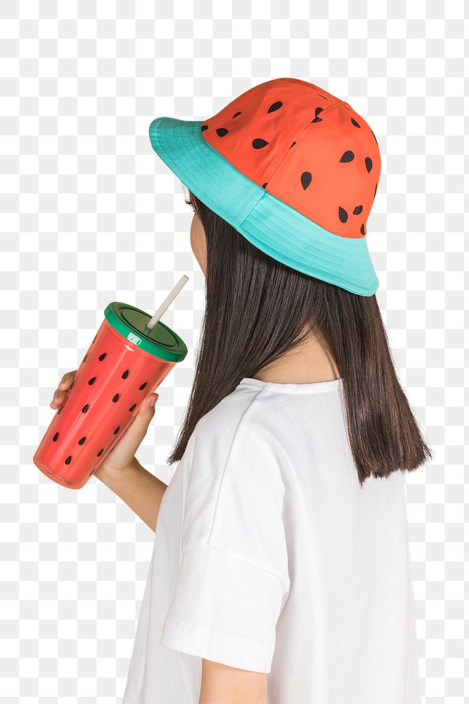 Woman drinking water from a cute watermelon printed tumbler