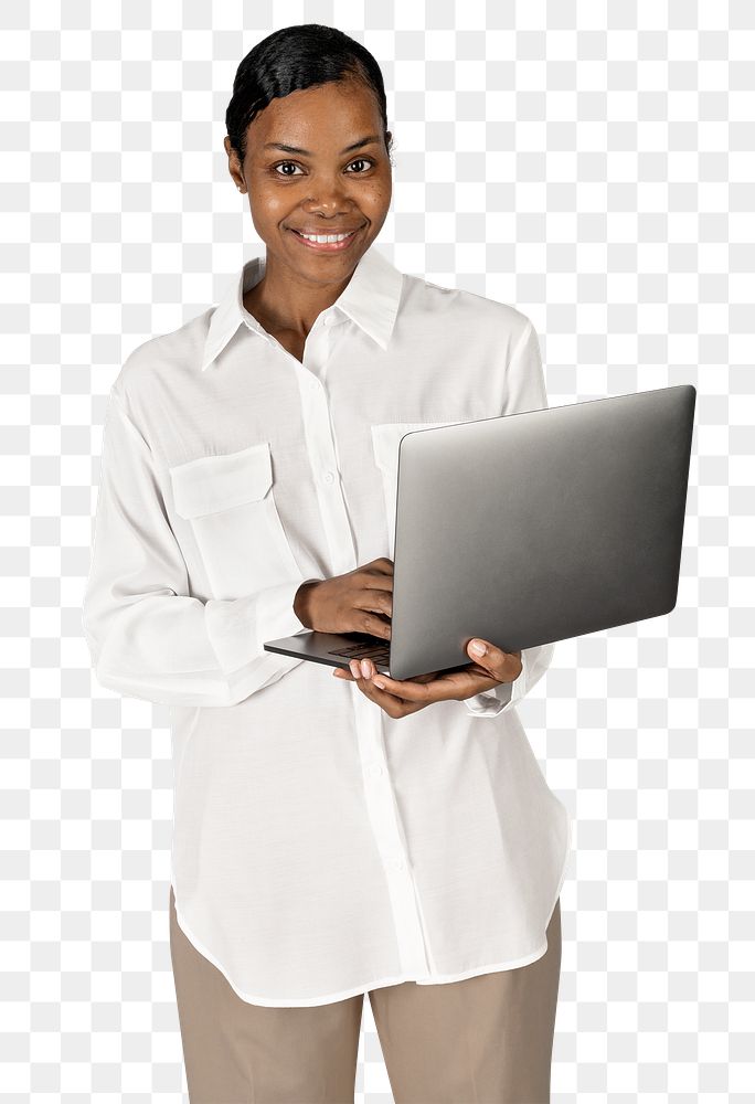 Black business woman png with laptop mockup
