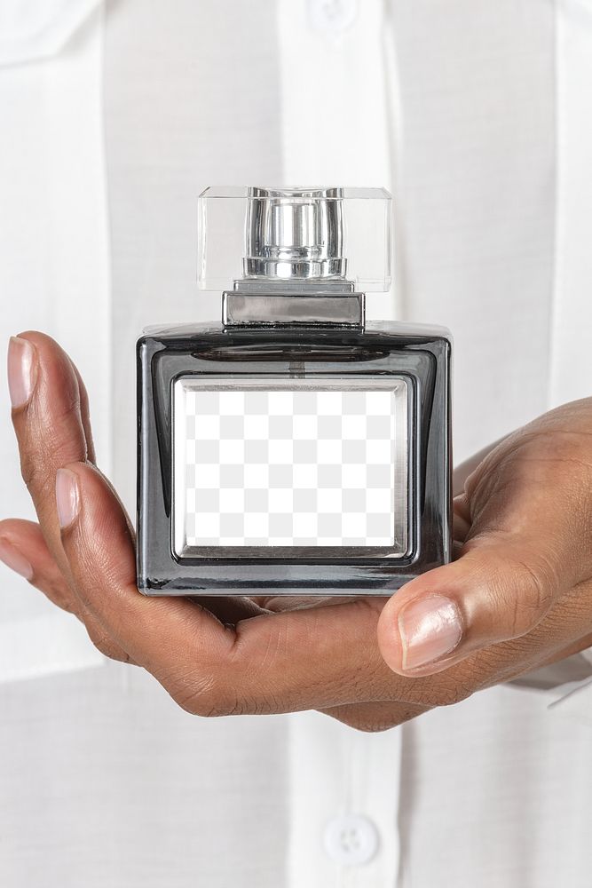 Hands holding blank perfume glass bottle design element