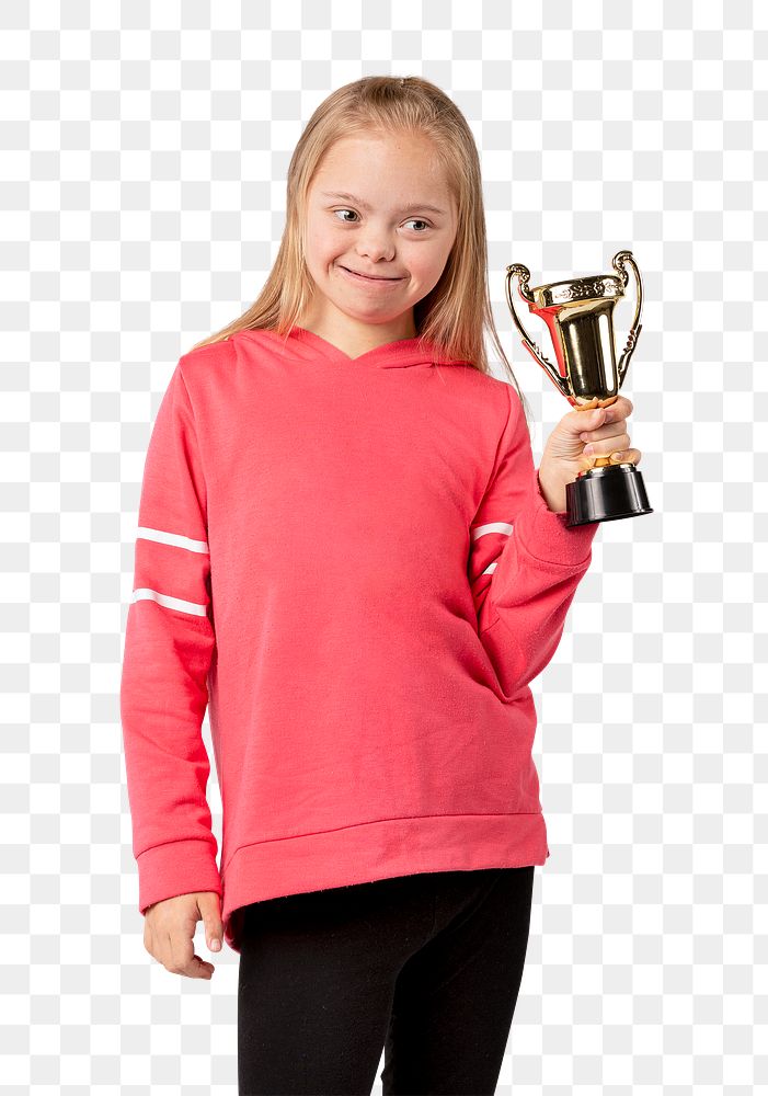 Young girl with down syndrome holding a trophy 