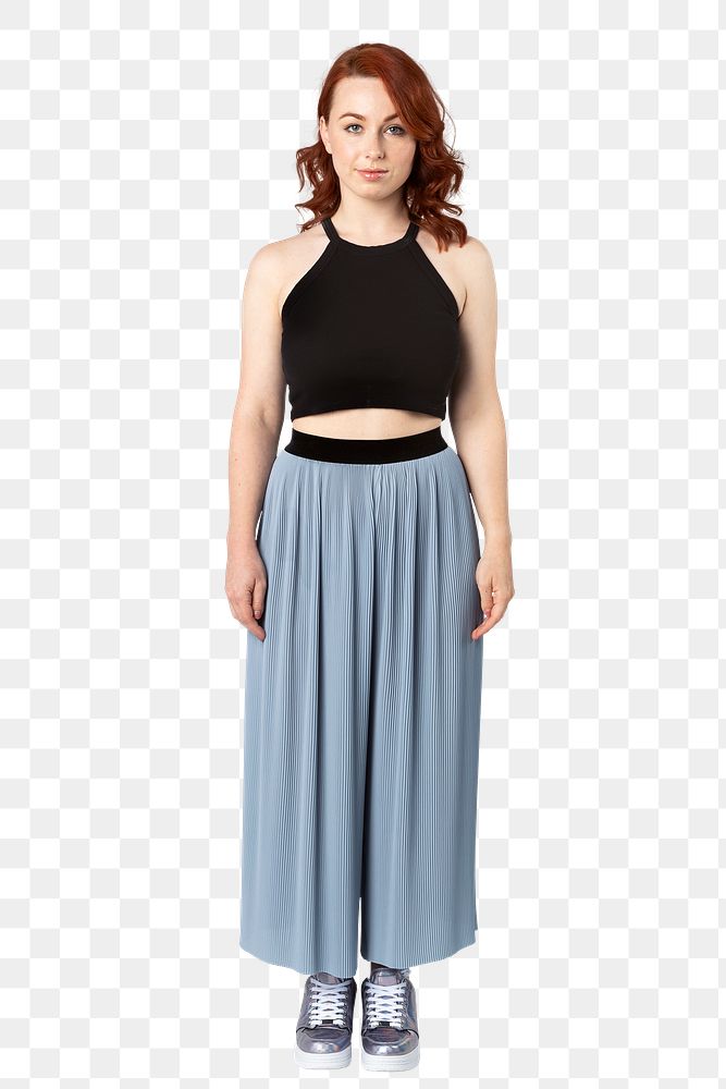 Woman wearing a crop top and skirt pants mockup 