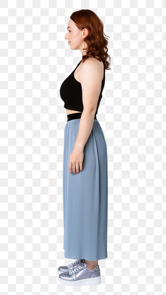Woman wearing a crop top and skirt pants in a profile shot mockup 