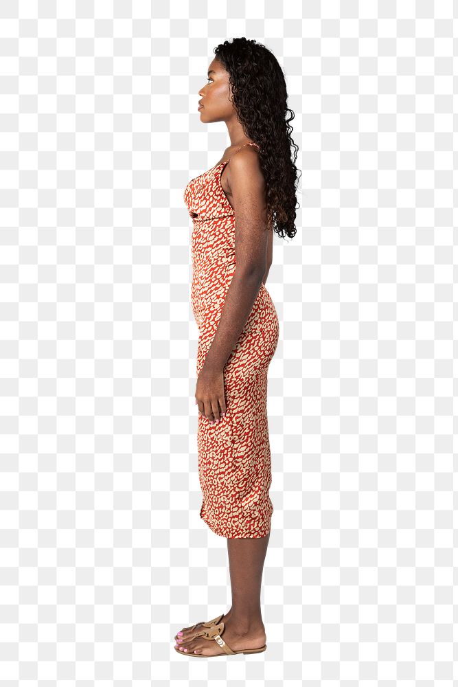 Black woman wearing a satin cami dres in a profile shot mockup