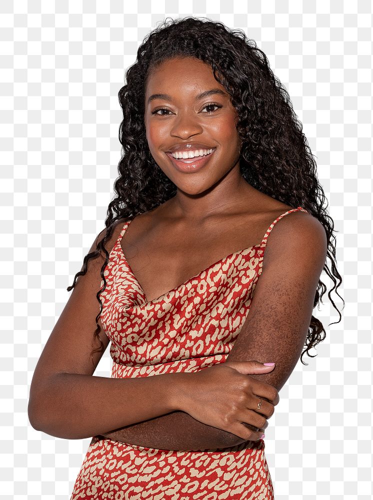 Happy black woman in a satin cami dress mockup 