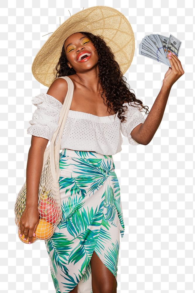 Happy woman spending money during her summer vacation mockup 