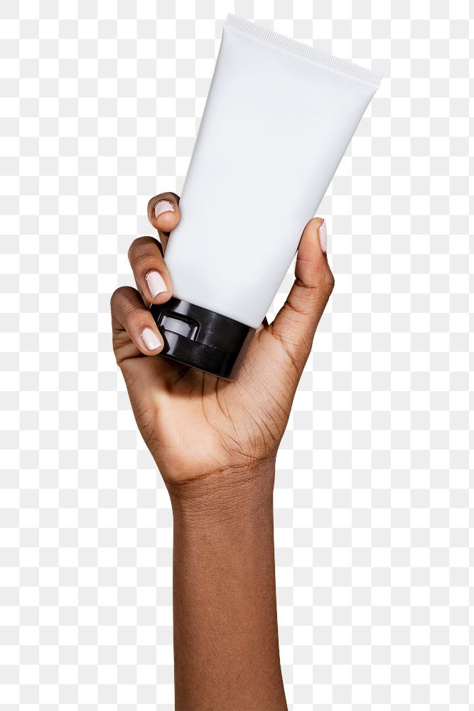 Black woman holding a cream tube transparent png