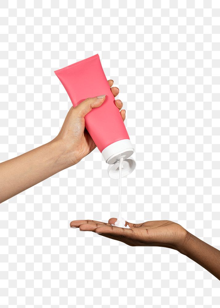 Woman squeezing cream from a pink tube transparent png