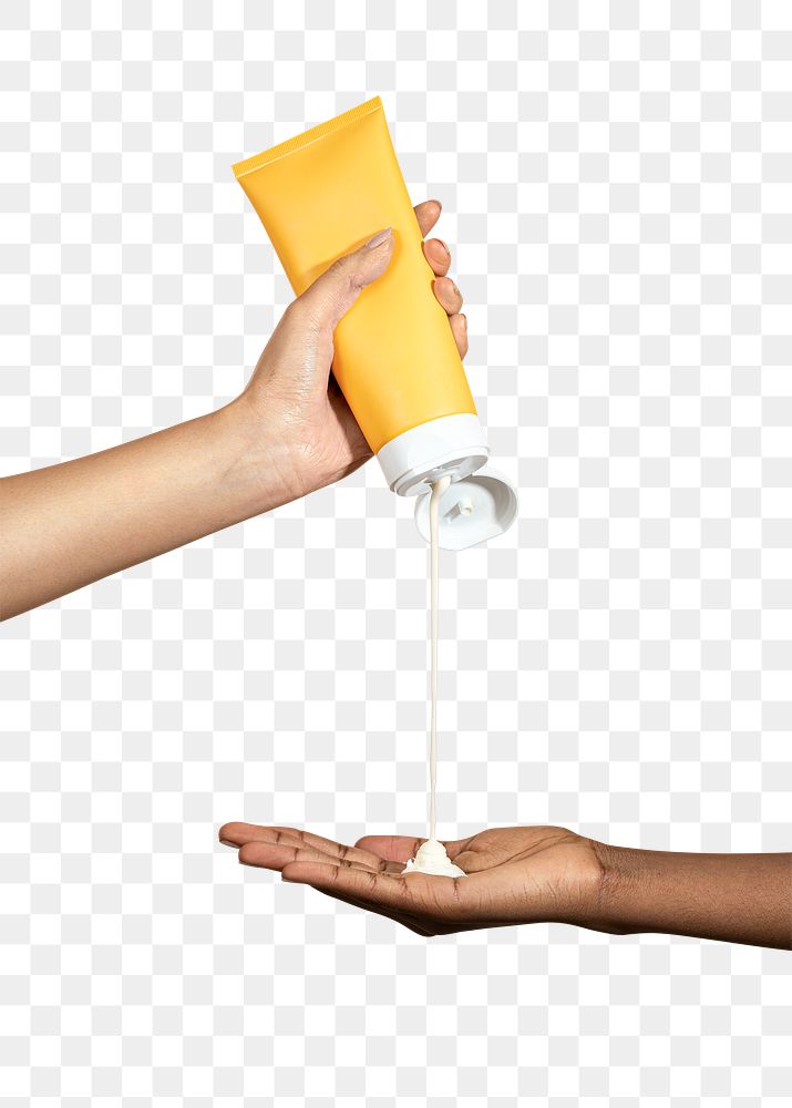Woman squeezing cream from a yellow tube transparent png