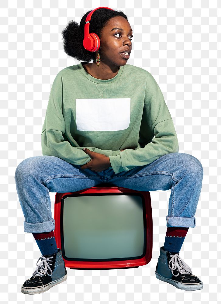 Black woman sitting on a retro television transparent png
