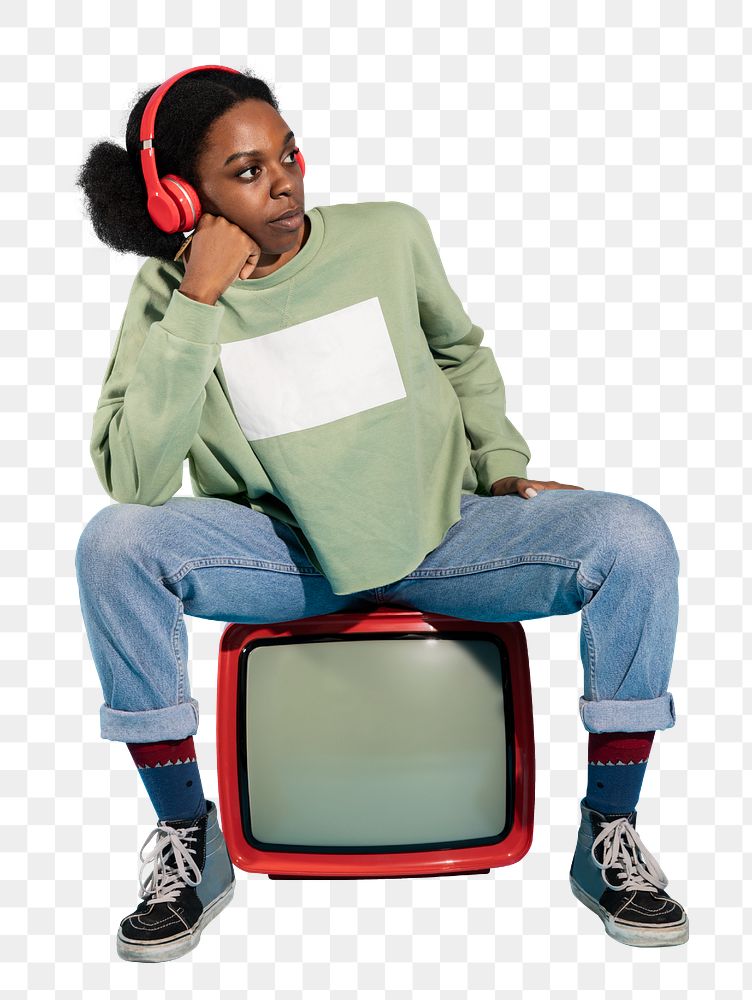 Black woman sitting on a retro television transparent png