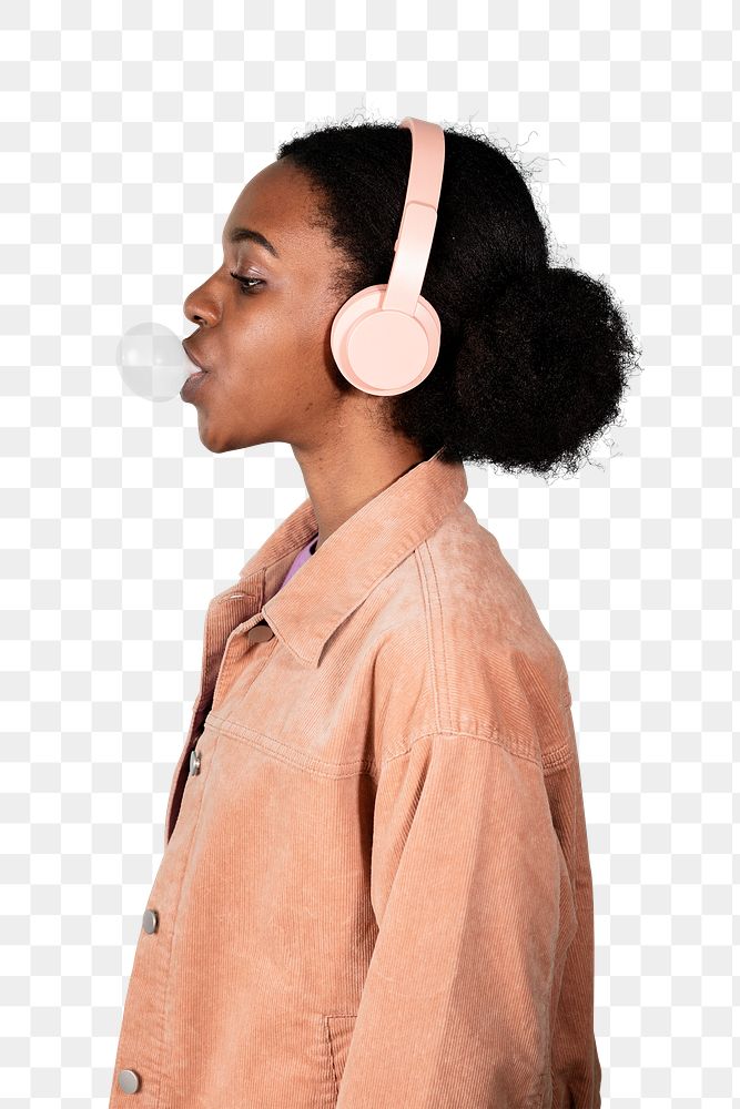 Black woman listening to the music and chewing bubble gum transparent png