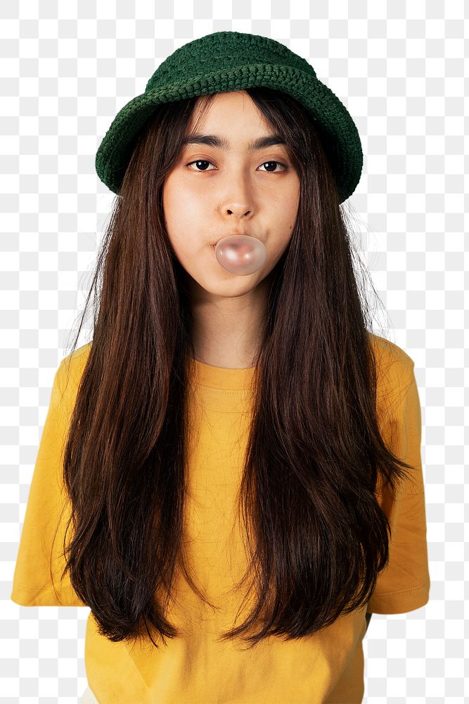 Cheerful girl blowing a bubble gum transparent png