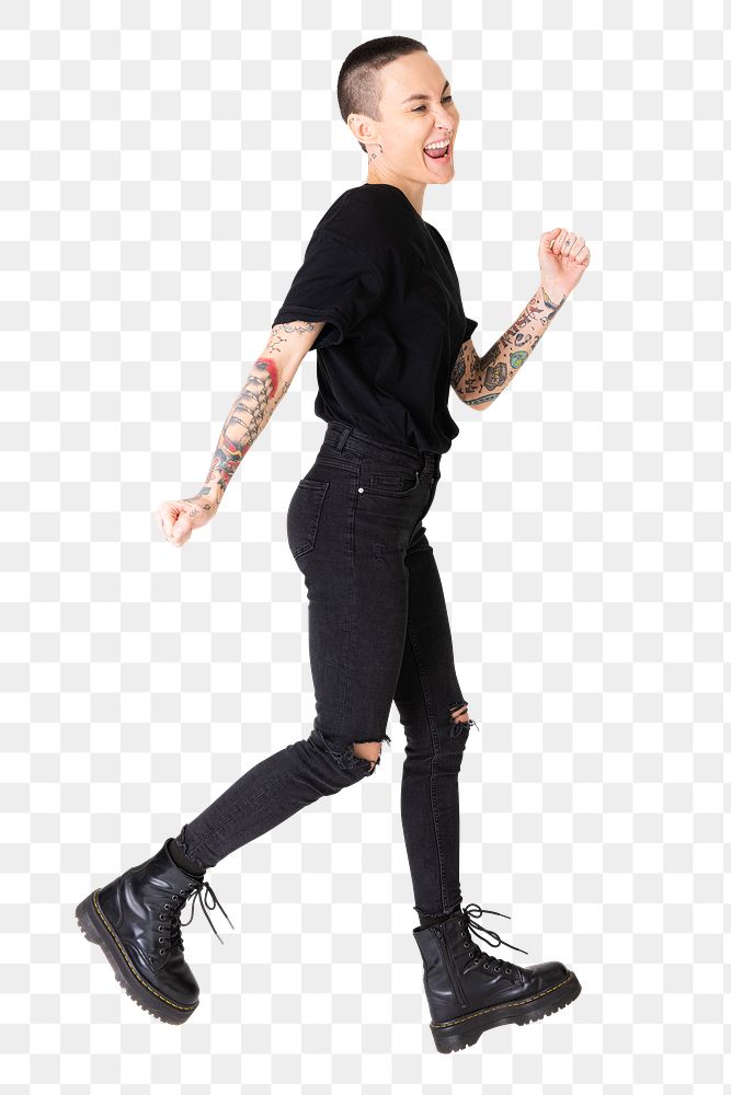 Tattooed model in black t shirt and jeans transparent png