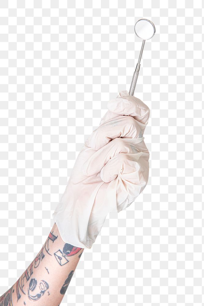 Tattooed hand in a white glove holding a dentist's mirror  transparent png