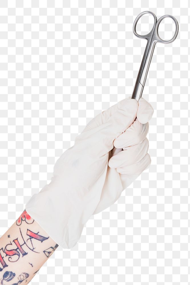 Tattooed hand in a white glove holding a surgical clip transparent png