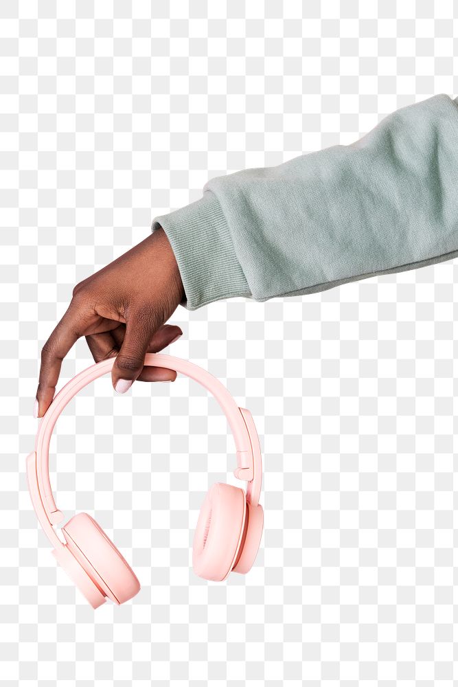 Hand holding pink headphones transparent png