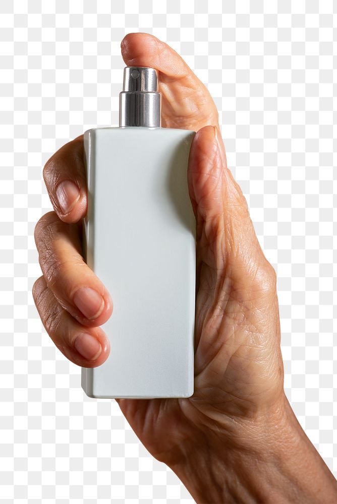 Hand holding a refillable white spray bottle transparent png