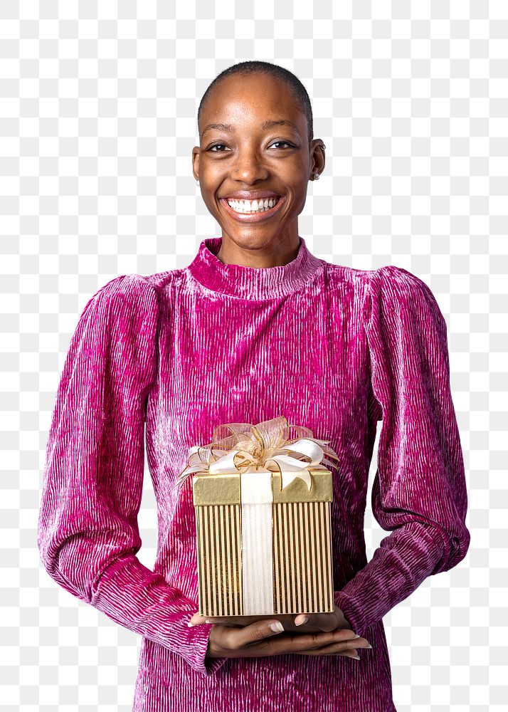 Happy black woman holding a gift box transparent png