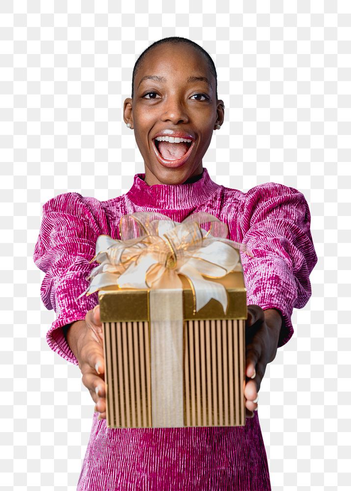 Happy black woman giving a present transparent png