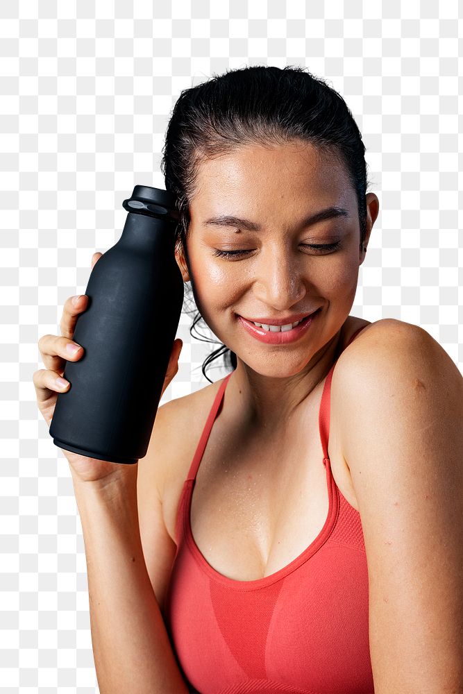 Sporty woman holding a black bottle transparent png