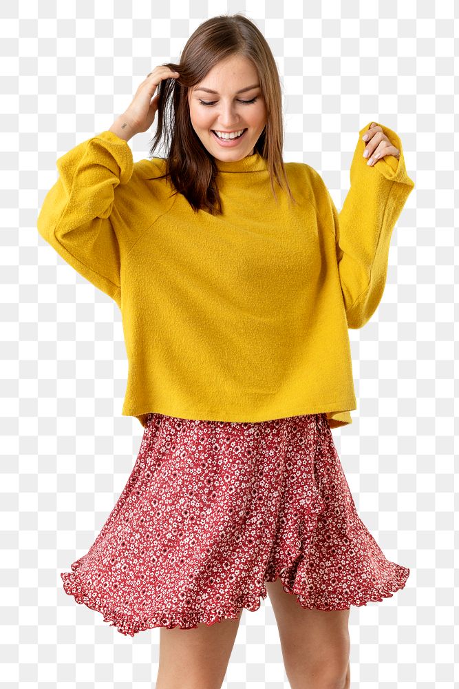Cheerful woman wearing a mustard yellow sweater on a red flower dress transparent png