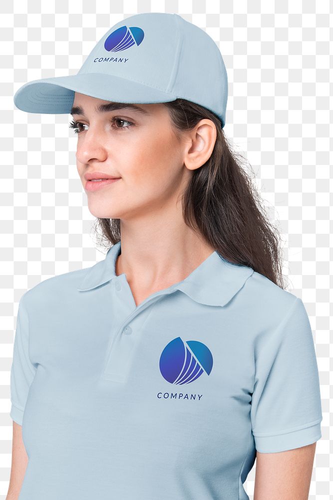 Png beautiful woman mockup wearing blue polo shirt and cap