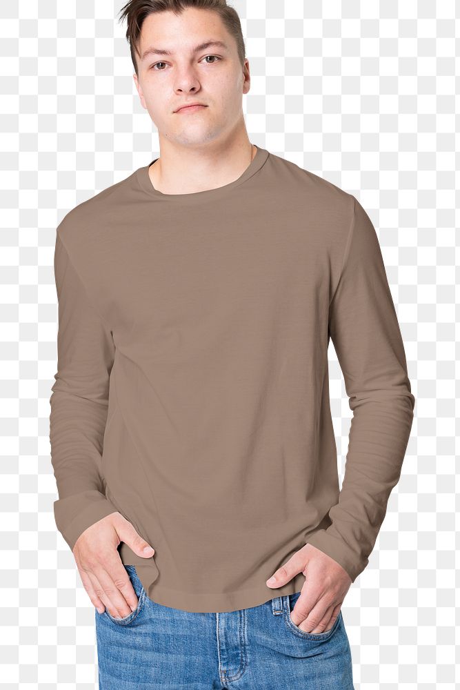 Png man mockup in brown long sleeve tee with design space