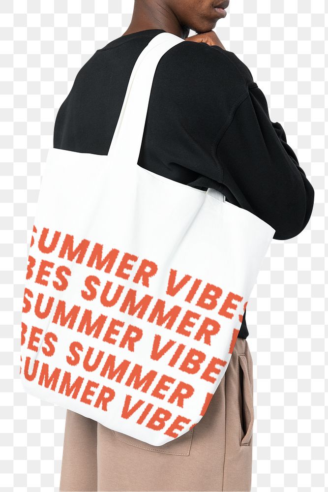 Png white tote bag mockup with summer vibes typography fashion shoot