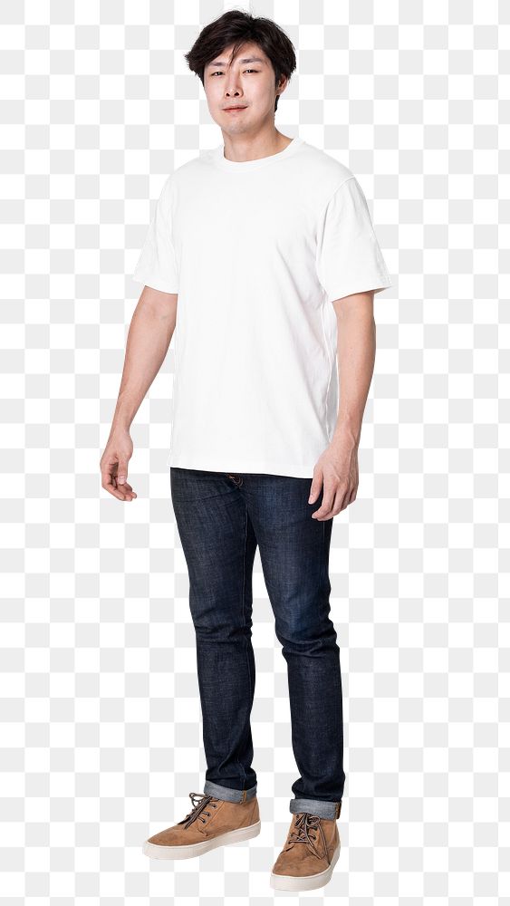 Man png mockup in white t-shirt basic apparel full body