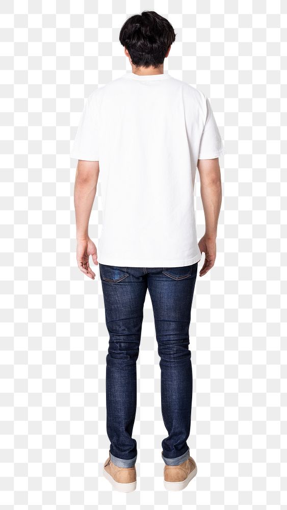 Man png mockup in white t-shirt basic apparel full body rear view