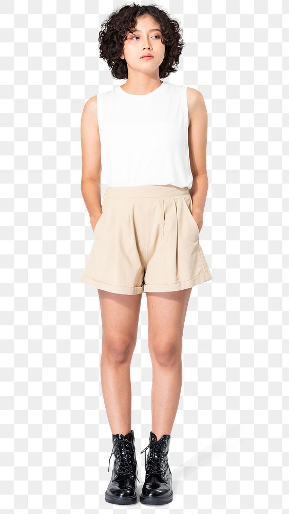 Woman png mockup in white tank top and beige shorts summer apparel