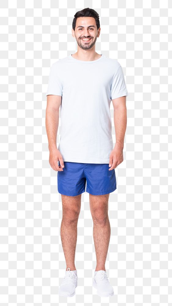 Man png mockup in white t-shirt and shorts sportswear apparel full body
