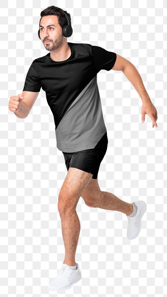 Man png mockup running in t-shirt and shorts sportswear fashion full body