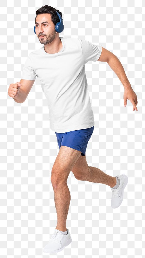 Man png mockup running in white t-shirt activewear fashion