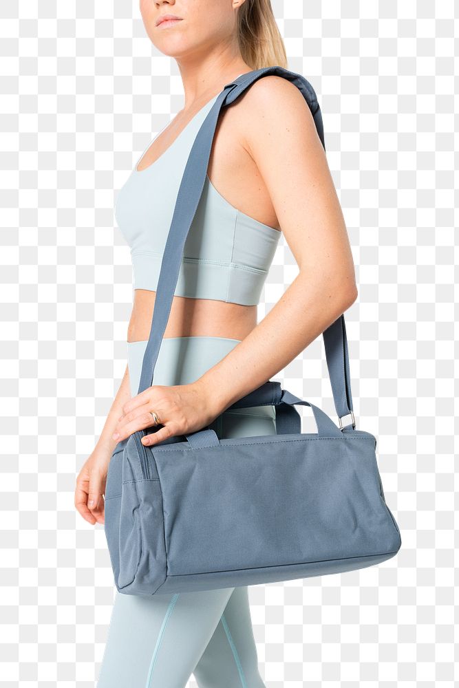 Png woman mockup carrying blue duffle bag in her gym clothes